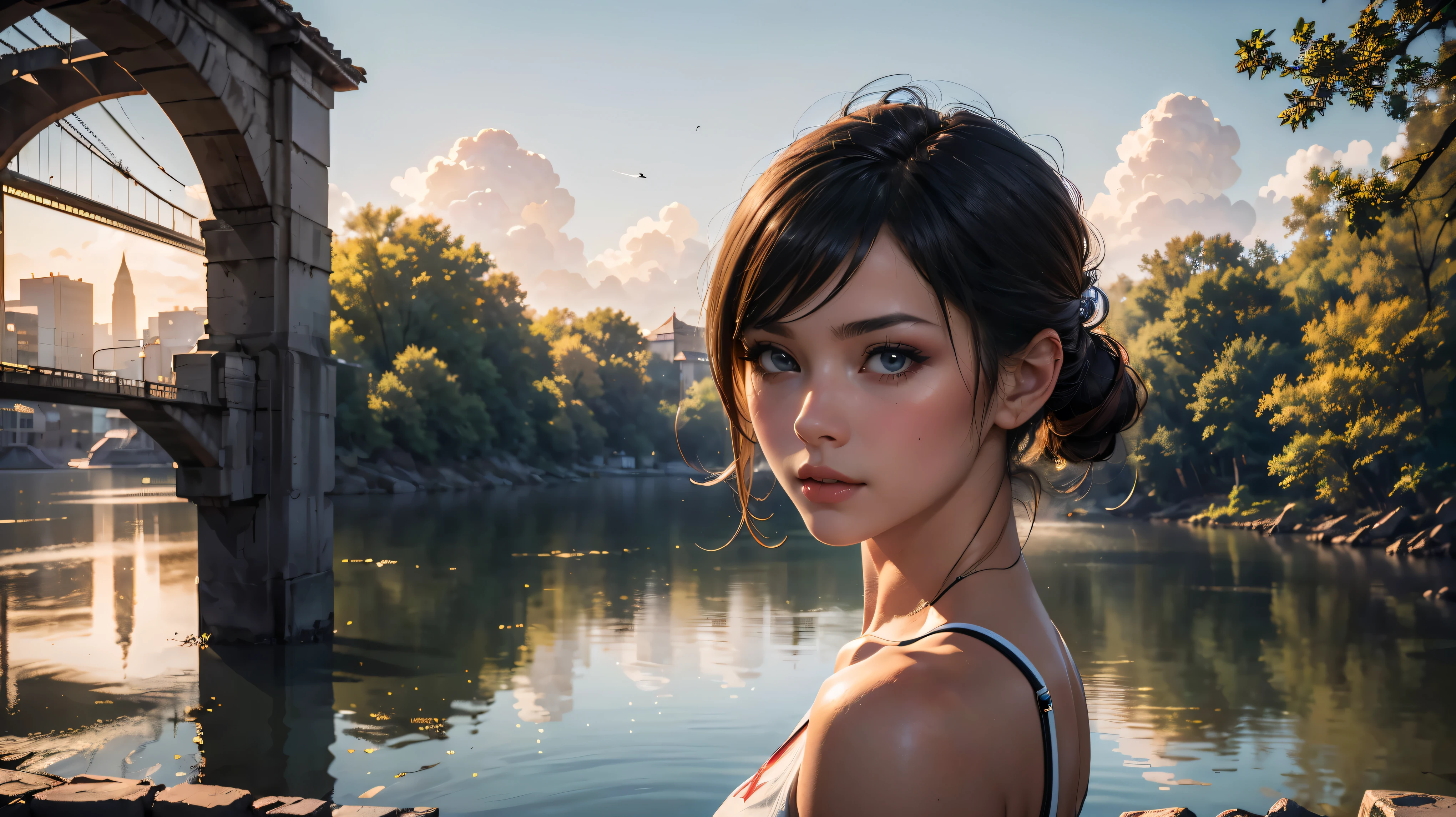 ((最high quality, 8K, masterpiece: 1.3, Ultra HD, high quality, 最high quality, High resolution, realism)) 、(high color saturation:1.0), (highly detailed skin), (最high quality:1.0), (超High resolution:1.0) ,(realistic:1.0), (Super detailed:1.0), (8K, Raw photo:1.1), slender、Slender, muscular body that's toned like an athlete's、I don't want my head to disappear from the screen.、Wear accessories on your wrist、Wearing red nail polish、I have a peticure、cinematic lighting, sparkle 、18 year old white woman、platinum blonde、long hair、blue eyes、hair above one eye、drinking in here futurustic apartment, wearing nothing but a white t-shirt, large window with a view of a cabin lake and trees.