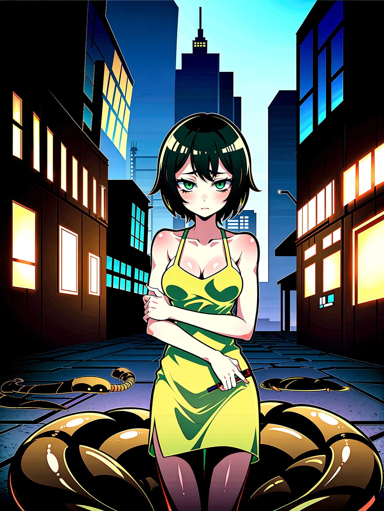 A young zombie girl, short black hair, green eyes, deathly pale skin, a torn dress, centipede and beetles entwining her skin and hair, an abandoned apocalyptic city in the background.