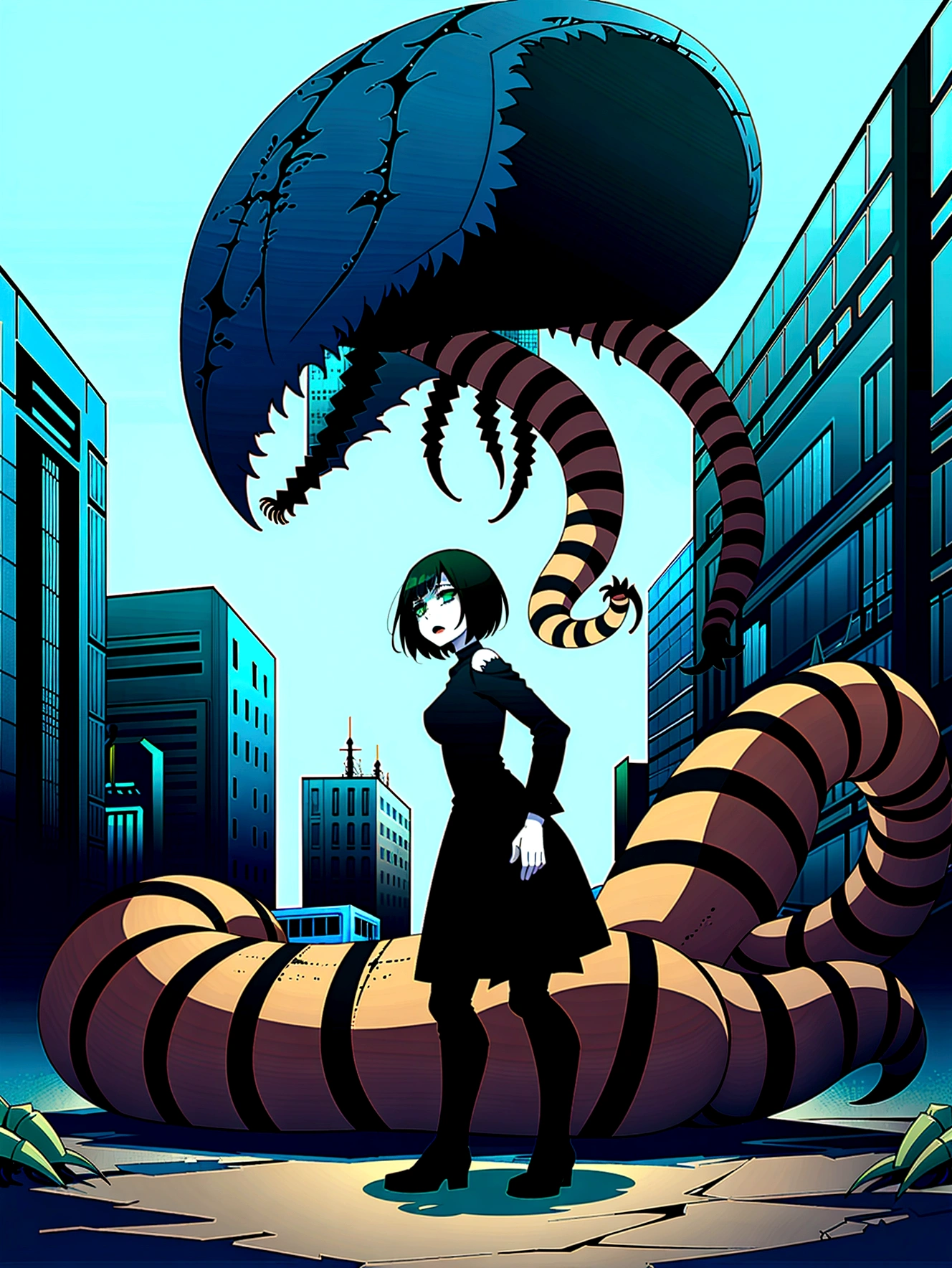 A young zombie girl, short black hair, green eyes, deathly pale skin, a torn dress, centipede and beetles entwining her skin and hair, an abandoned apocalyptic city in the background.