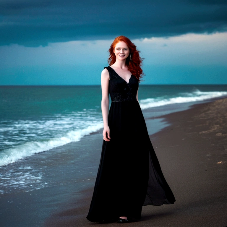 Redhead model with blue eyes, pretty face, stands on beach, sea in the back left, black long dress, without sleeves, black elegant shoes, smiles a little. Darken the sky, like at night
