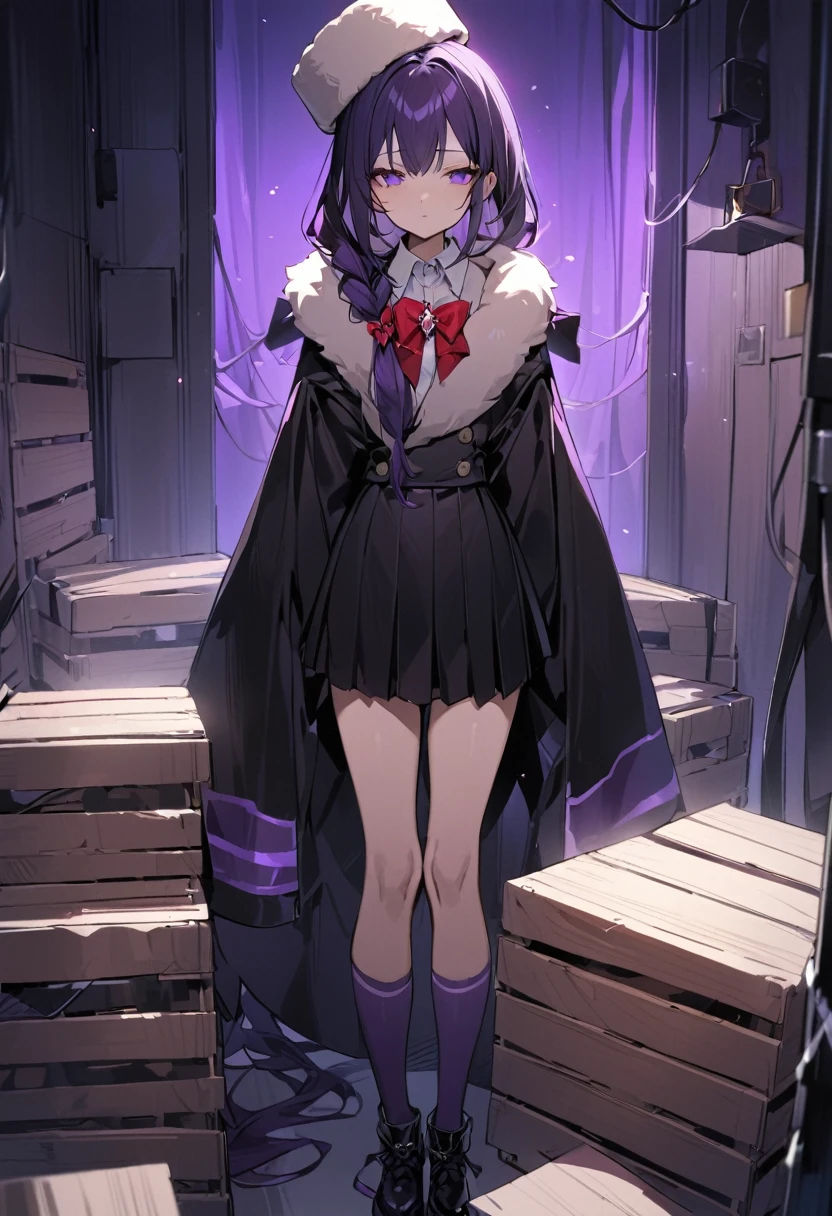 masterpiece, best quality, young woman, dark purple hair, very long single braid, bright purple eyes, white collared shirt, furisode sleeves, thin red bow tie with a diamond-shaped pin on the front of the bow under the collar, black high-waisted pleated skirt, dark purple high socks, white ear flap ushanka hat, long black cloak with light brown buttons and a light brown fur collar, black ankle boots, emotionless, calm, expressionless, dark room with a little bit of blue and purple light, wires hang haphazardly, some large wooden crates, dark 