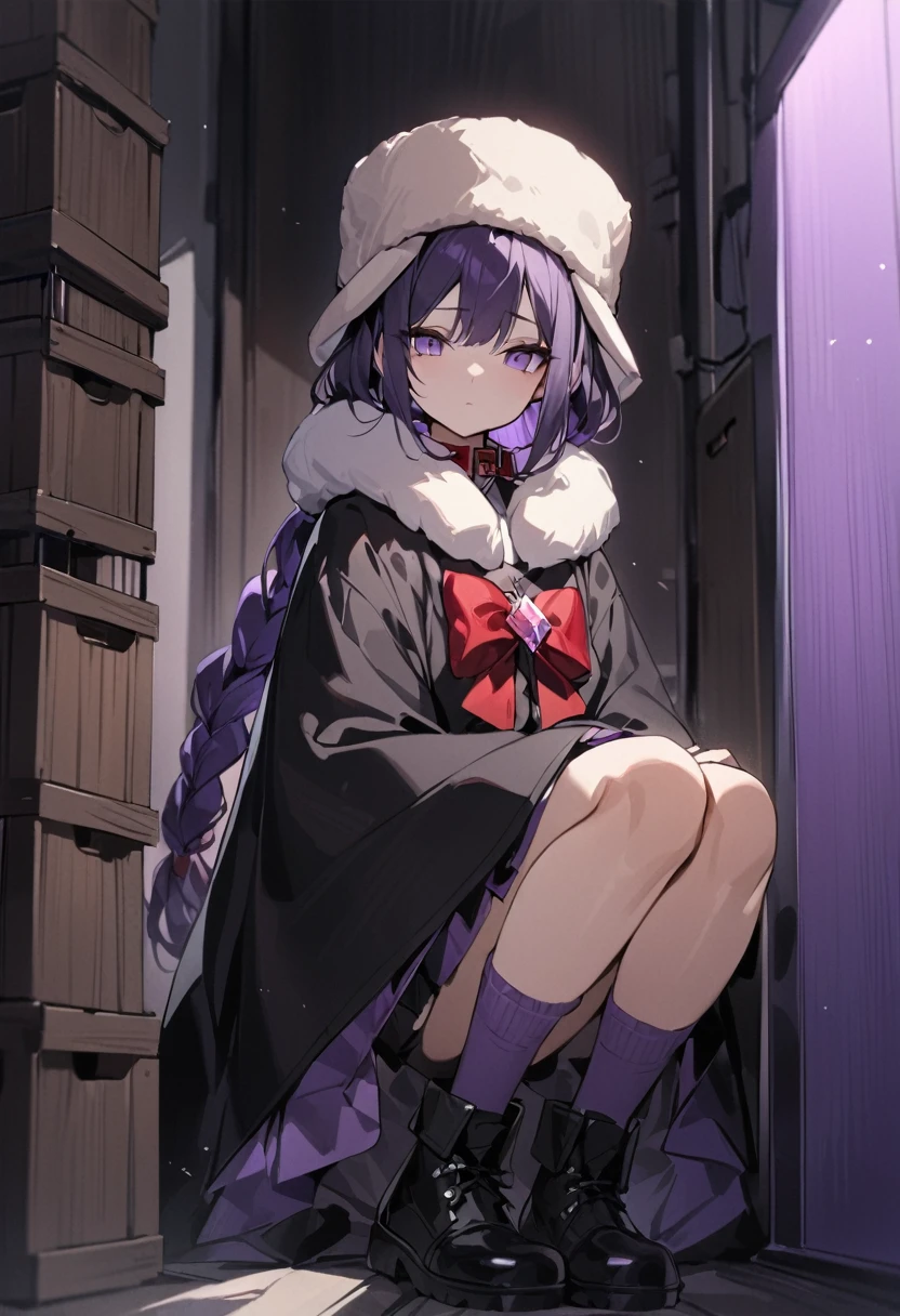 masterpiece, best quality, young woman, dark purple hair, very long single braid, bright purple eyes, white collared shirt, furisode sleeves, thin red bow tie with a diamond-shaped pin on the front of the bow under the collar, black high-waisted pleated skirt, dark purple high socks, white ear flap ushanka hat, long black cloak with light brown buttons and a light brown fur collar, black ankle boots, emotionless, calm, expressionless, dark room with a little bit of blue and purple light, wires hang haphazardly, some large wooden crates, dark