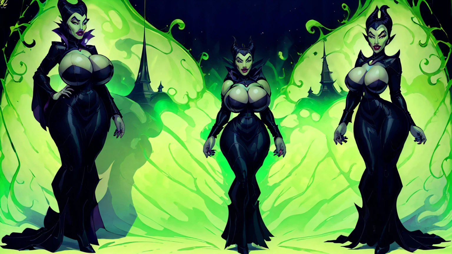 ((masterpiece,best quality)),((character design sheet)), draw of a beautiful woman, (voluptuous:1.2),milf, large breasts, gigantic breasts, huge breasts, mature female, heavy breasts, fit, detailed hair, detailed face, beautiful eyes,
((dress, green skin)), full breasts, breasts larger than head, Face Mature, Curvy female, thick thighs, voluptuous female, Curvy waist , Breasts resting on arms, arms under breasts,
(evil dark castle background, sinister, green magic), (standing pose), (view of front),(full body view),
erotic, elegant, sensual, seductive, (masterpiece, best quality), full body, perfect illumination, (best shadow),
maleficentwaifu,