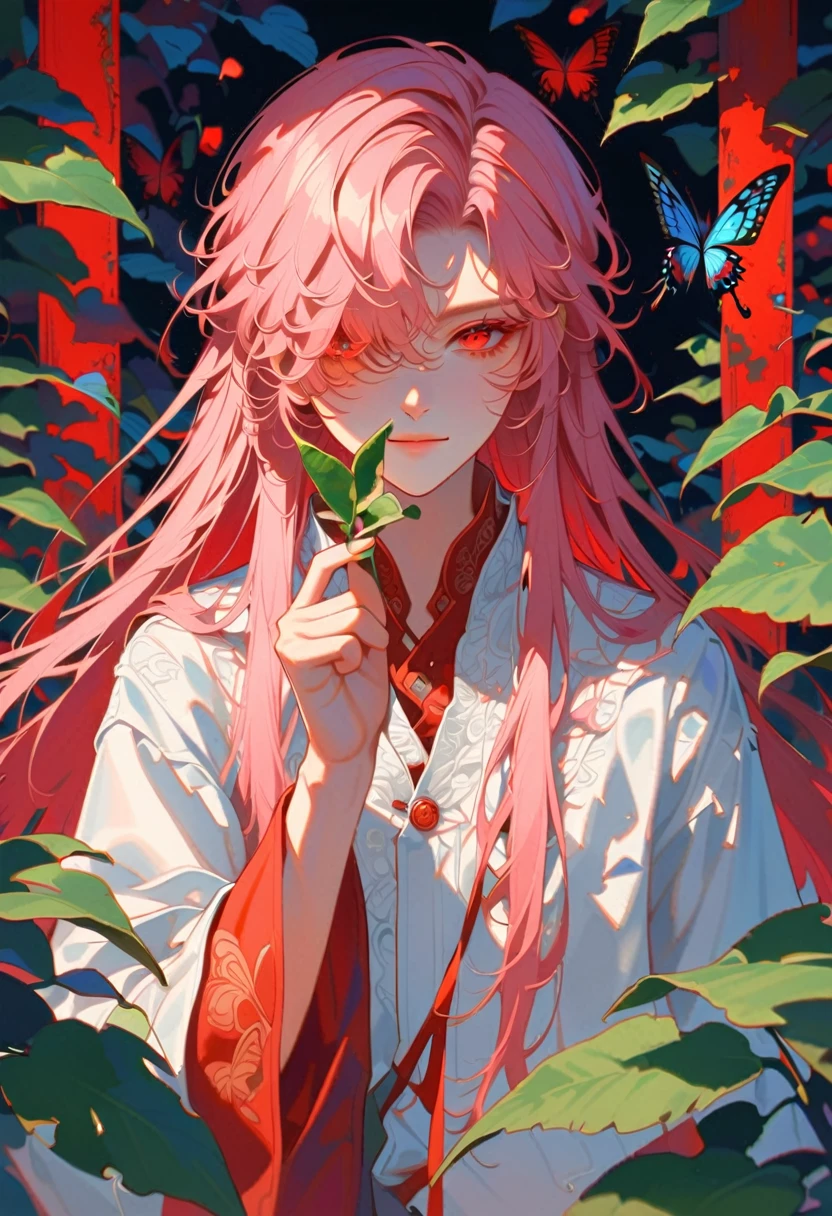 style9,25 yaers old,man,Cover one eye with a leaf,butterfly falls on red eyes,pink straight long hair