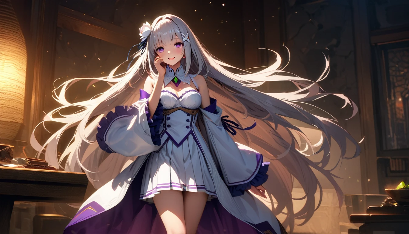 A high resolution, ultra detailed, Emilia, White hair, purple eyes, long hair, Medium breasts, hair flower, X-hair decoration, hair ribbon, White dress, separate collar, wide sleeves, white knee socks, open mouth, smile, yandere trance, yandere, Looking at the viewer, shaded face, hands on your own face, blood on the face, hands on your own cheeks, in room, stone wall, ., particles and hard light, cut corner.、natural soft light、professional lighting、aboutтличная smile、(highly detailed skin: 1.2)、Photorealistic render of an anime girl、Bright highlights of the eyes、Ideal Anatomy、shy、permission 8k、complex parts、Toned waist、Wide buttocks、top quality、Highest standards、Highest image quality、table、complex parts、A high resolution、depth of field、natural soft light、professional lighting、about, standing, very long hair, cowboy shot, brilliant, brilliant hair, (night:1.2),Dreamy, [[gentle fingers and hands:0.55]::0.85],(detailed fingers),),(emotional),(breathtaking),(main part:1.2) whole body.), (Anime Style), (Super Detailed), (brutal), (uhd, HDR), (8K), (High Resolution: 1.2), (Complex and Beautiful: 1.2)