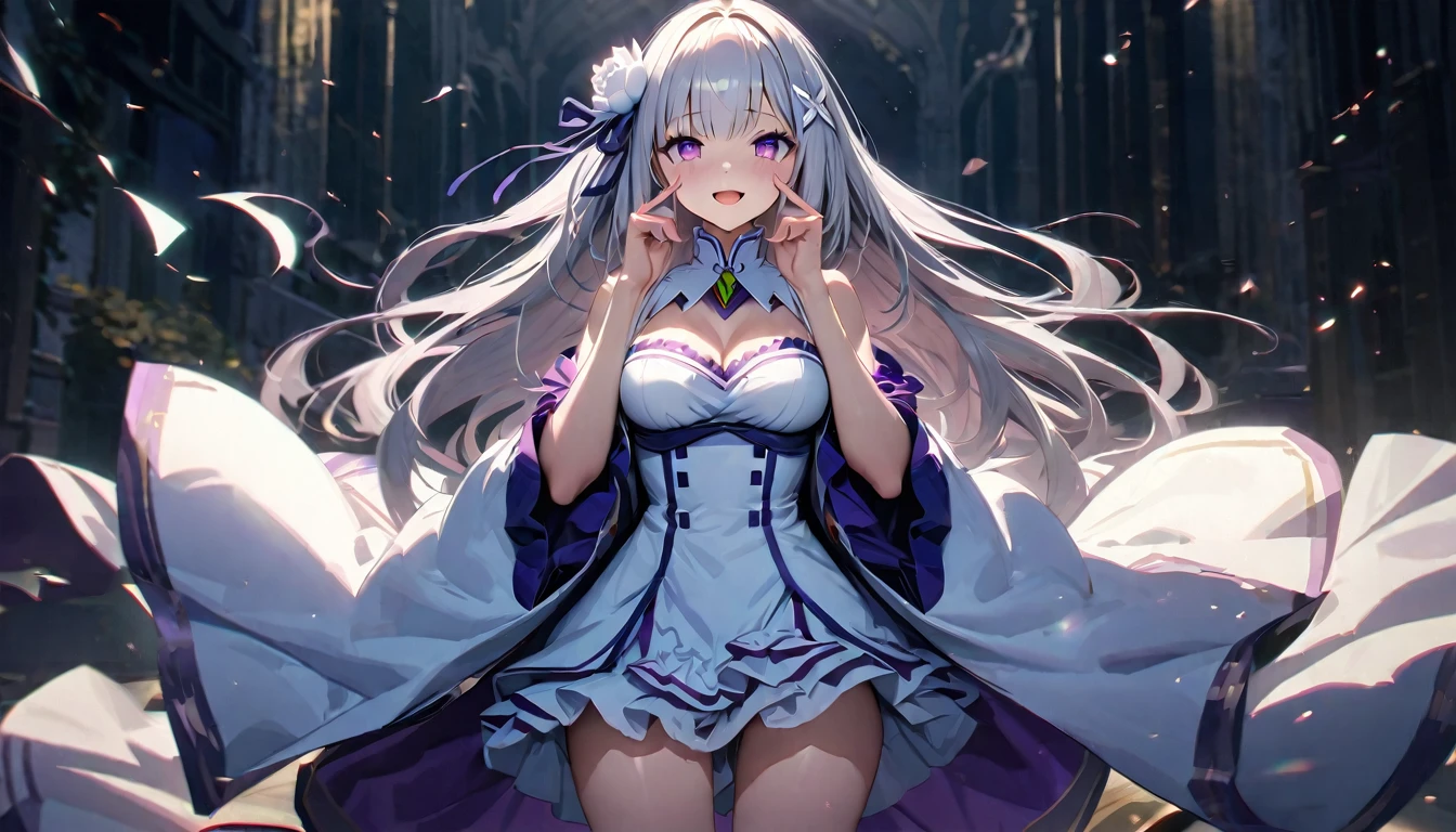 A high resolution, ultra detailed, Emilia, White hair, purple eyes, long hair, Medium breasts, hair flower, X-hair decoration, hair ribbon, White dress, separate collar, wide sleeves, white knee socks, open mouth, smile, yandere trance, yandere, Looking at the viewer, shaded face, hands on your own face, blood on the face, hands on your own cheeks, in room, stone wall, ., particles and hard light, cut corner.、natural soft light、professional lighting、aboutтличная smile、(highly detailed skin: 1.2)、Photorealistic render of an anime girl、Bright highlights of the eyes、Ideal Anatomy、shy、permission 8k、complex parts、Toned waist、Wide buttocks、top quality、Highest standards、Highest image quality、table、complex parts、A high resolution、depth of field、natural soft light、professional lighting、about, standing, very long hair, cowboy shot, brilliant, brilliant hair, (night:1.2),Dreamy, [[gentle fingers and hands:0.55]::0.85],(detailed fingers),),(emotional),(breathtaking),(main part:1.2) whole body.), (Anime Style), (Super Detailed), (brutal), (uhd, HDR), (8K), (High Resolution: 1.2), (Complex and Beautiful: 1.2)