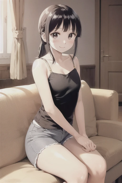 View your viewers,
Black Hair,(Tied Hair,Blunt bangs:1.2), Small breasts, blush、smile、sofa、sit、
((camisole、hot pants)), (Highest quality:1.3),One girl、Western-style room