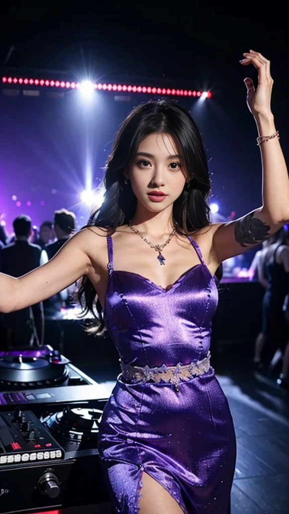 8K, ultra hd, masterpiece, 1 girl, good face, long hair, detailed eyes, glossy lips, medium breast, princess dress, purple dress, strap dress, bare waist, lace, necklace, jewellery, night view, dj , in the club, purple lighting, dancing poses,