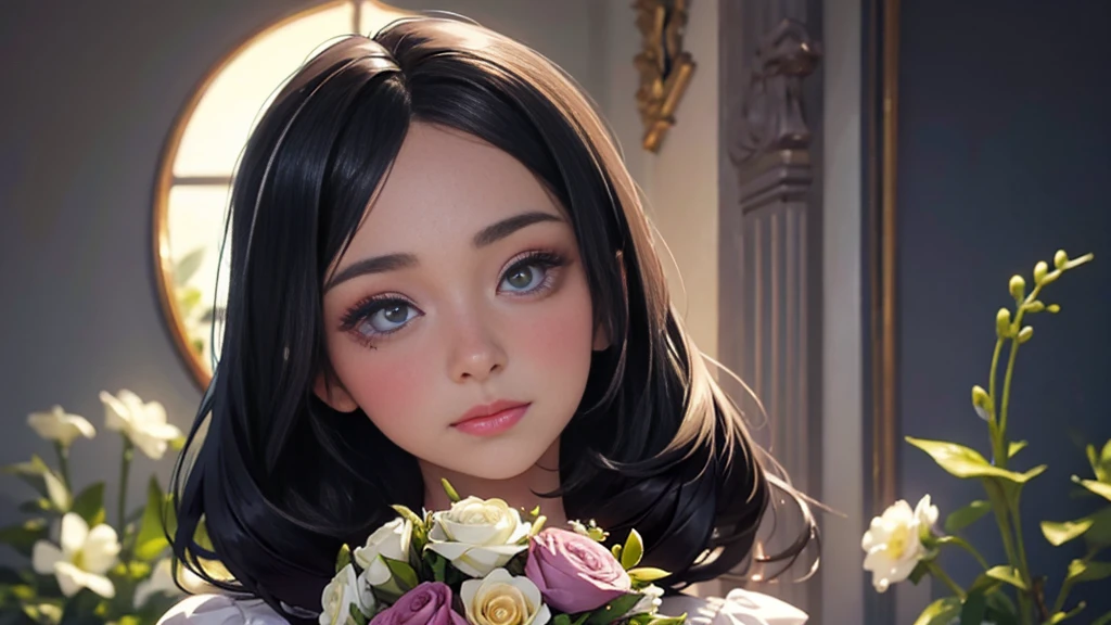 Woman and bouquet,She looked at me with such beautiful and kind eyes..Schneider Pastel Ink Details, Soft and wonderful, fluffy, (Very nice and beautiful), (Perfect detail)、(pastel colour),Soft texture:1.2.(Tabletop, Highest quality), (Beautiful, detailed eyes), (Detailed eyes and face),(Jet black silky hair), The colour is noticeably brighter.A faintly blurred silhouette