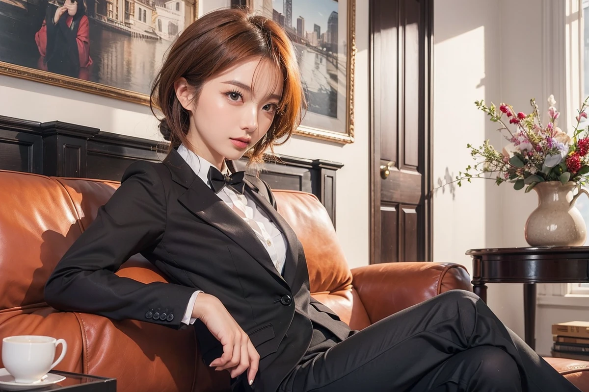 Beautiful Japanese Waifu, early 30s, brunette hair, black suits, lying on sofa