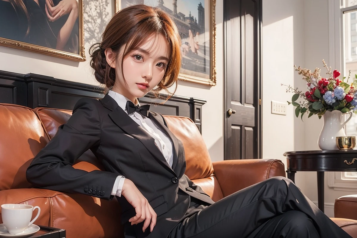 Beautiful Japanese Waifu, early 30s, brunette hair, black suits, lying on sofa