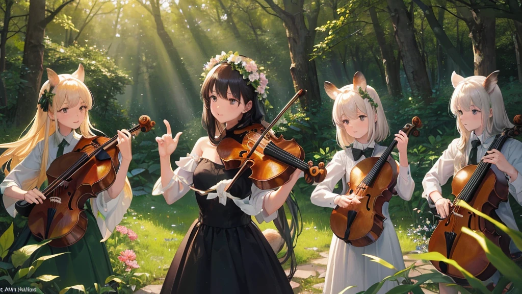 master piece, ultra detailed, hyper realistic, A high definition photograph of a string quartet composed of forest animals such as deer, rabbits, squirrels, and owls performing a musical piece in a lush, verdant forest setting, The animals are dressed in formal attire, with the deer playing the cello, the rabbits on the violins, the squirrels on the violas, and the owls conducting, The scene has a whimsical, magical quality, with sunlight filtering through the trees and flowers blooming around the animal musicians, flower field, a forest with sunlight filtering through the trees, creating a spotlight-like effect of dappled light, detailed lighting, intricate shadows, warm tones,