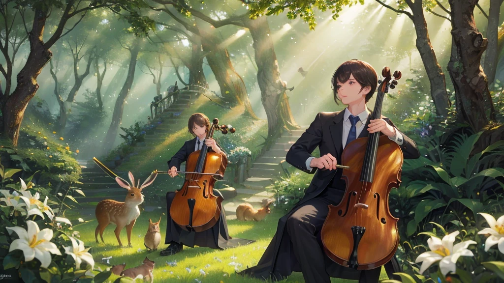 master piece, ultra detailed, hyper realistic, A high definition photograph of a string quartet composed of forest animals such as deer, rabbits, squirrels, and owls performing a musical piece in a lush, verdant forest setting, The animals are dressed in formal attire, with the deer playing the cello, the rabbits on the violins, the squirrels on the violas, and the owls conducting, The scene has a whimsical, magical quality, with sunlight filtering through the trees and flowers blooming around the animal musicians, flower field, a forest with sunlight filtering through the trees, creating a spotlight-like effect of dappled light, detailed lighting, intricate shadows, warm tones,