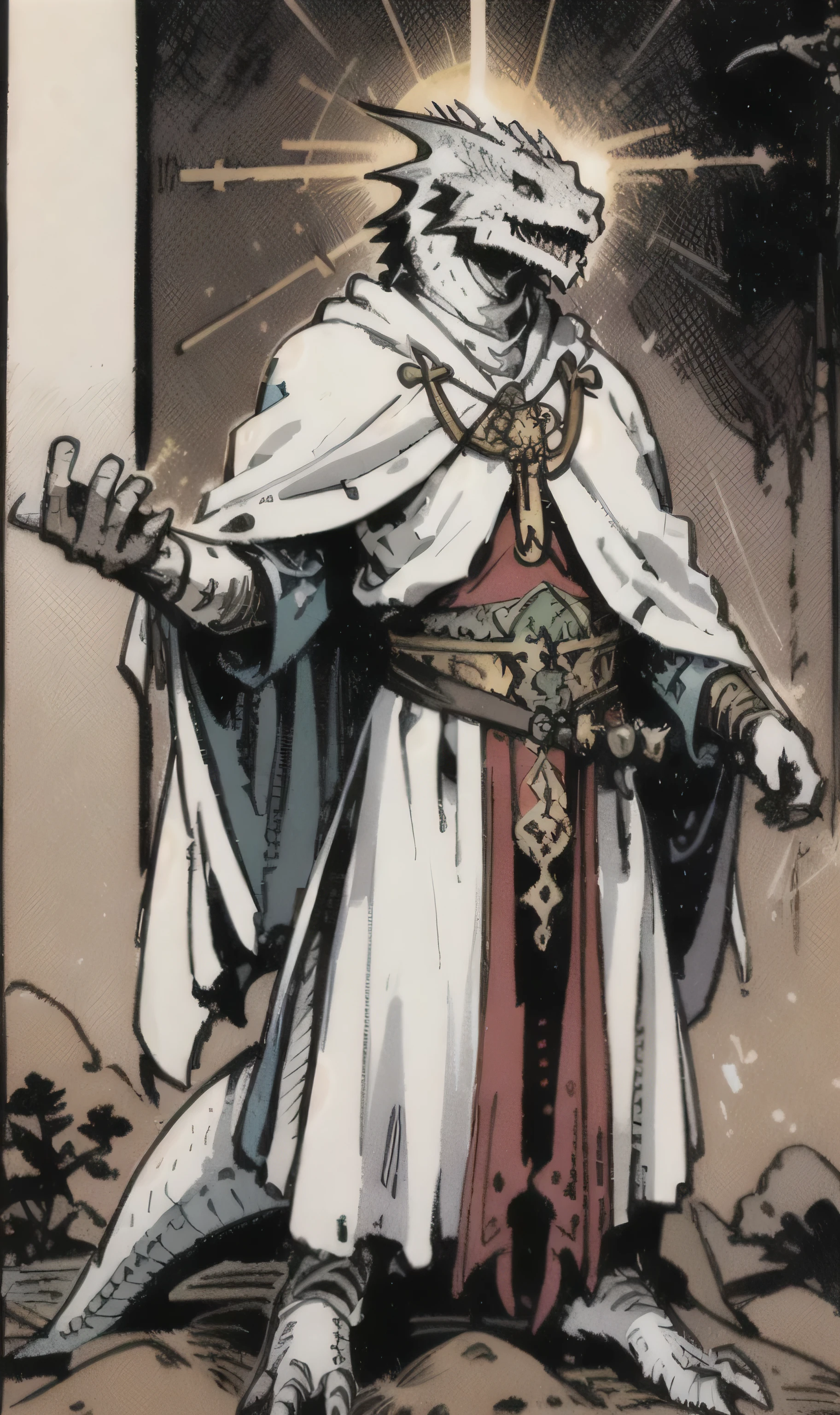 realistic, photo, tarot card, the Warrior, (holy / god rays) ,dragonborn, dnd, white dragonborn, wearing Arabic robes, Rage  