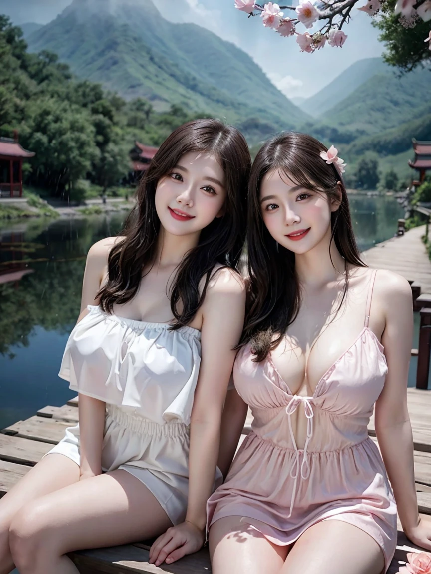 Two young girls, White skin, cute, Light pink lips, cute smile, Sparkling eyes, Wearing brightly colored slutty clothes. Sitting on a wooden bridge over a lotus pond, Beautiful Mountain々there is, There is a cherry tree next to it., The sky is bright. Night atmosphere in the rainy season in China ,Wet,Digital Art, Realistic, whole body((Round Breasts)((Big Breasts)) High resolution 8k