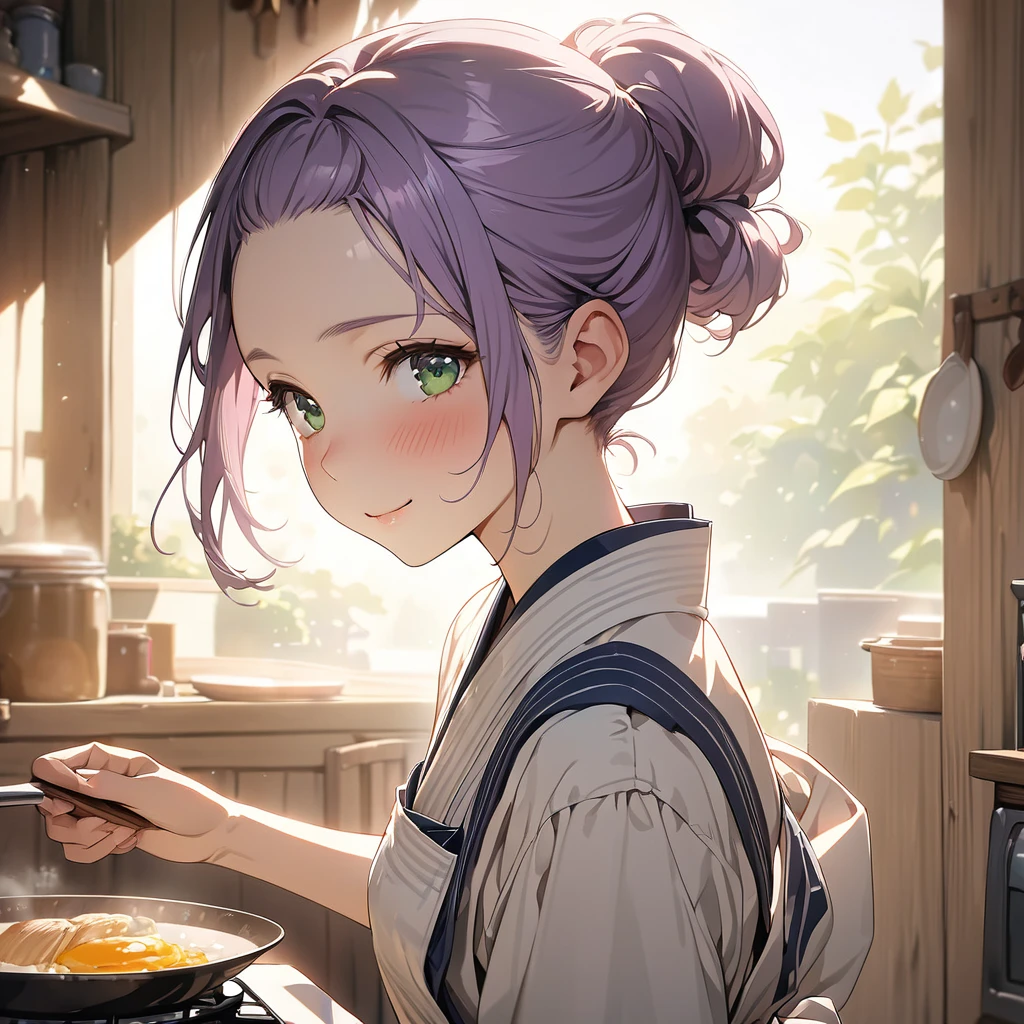 masterpiece, ultra detailed, 8K, a girl, kawaii, light atmosphere, (Cute a tsundere girl:1.5), anime visual, (tilt head:1.3), extremely delicate face, realistic lighting and shading, (an extremely delicate and beautiful art:1.3), a girl,blush,
from side, cowboy shot, pale purple hair, blunt bangs hair, green eyes, In the kitchen of a Taisho-style Western-style house, a woman is wearing a navy blue japanese kimono, a cooking apron, her hair tied back, Breakfast preparation, smiles, look at viewer,