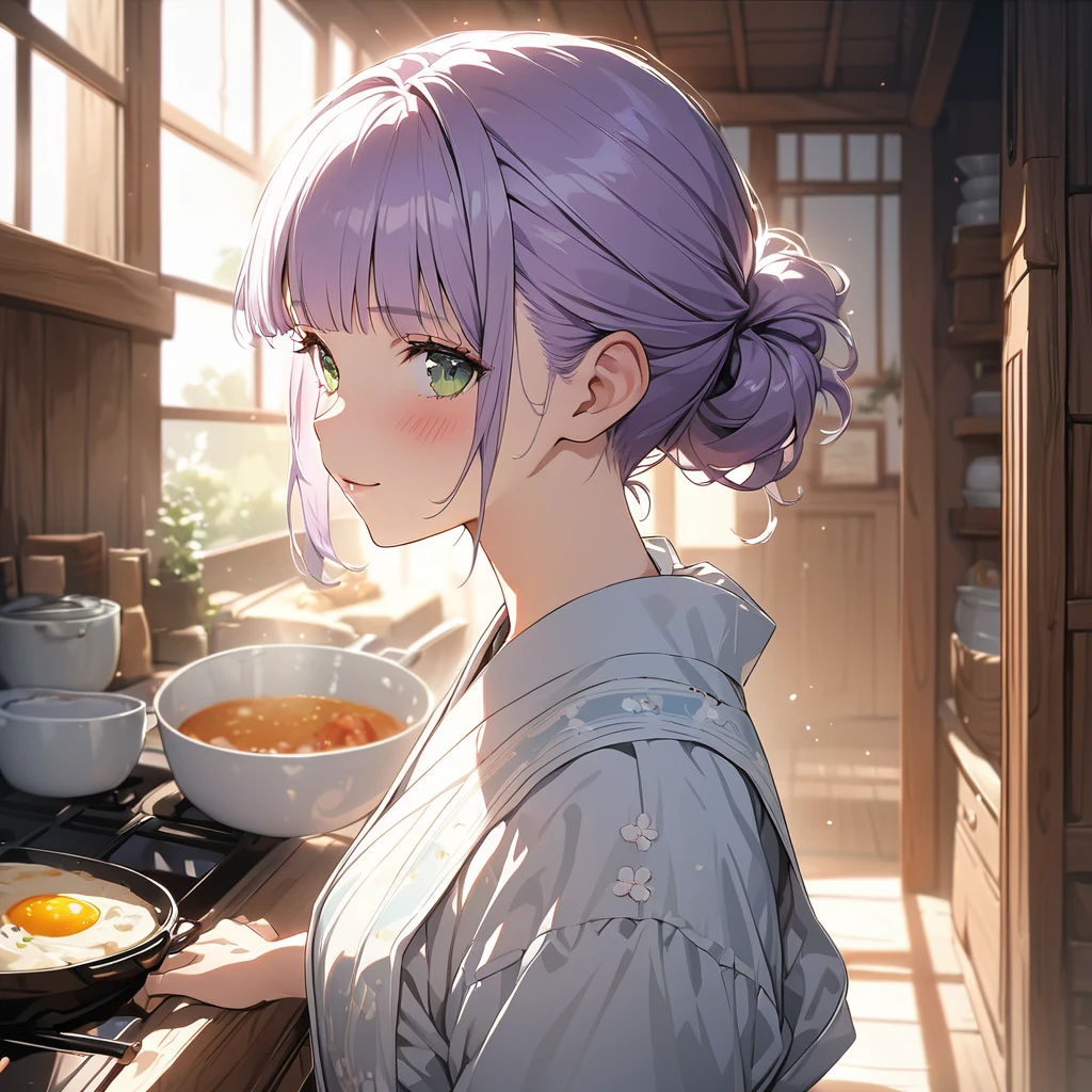 masterpiece, ultra detailed, 8K, a girl, kawaii, light atmosphere, (Cute a tsundere girl:1.5), anime visual, (tilt head:1.3), extremely delicate face, realistic lighting and shading, (an extremely delicate and beautiful art:1.3), a girl,blush,
from side, cowboy shot, pale purple hair, blunt bangs hair, green eyes, In the kitchen of a Taisho-style Western-style house, a woman is wearing a navy blue japanese kimono, a cooking apron, her hair tied back,  Breakfast preparation, smiles, look at viewer,