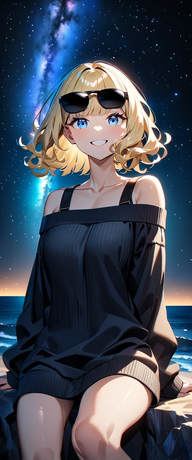 (((a starry sky, the Milky Way shining beautifully in the night))), ((bare legs)), (((sunglasses, hand to sunglasses))), (((cowboy shot))), from side, ((sitting on the very high cliff)), ((wavy hair, inward curled hair)), ((sea, beach)), ((blond hair, bob cut:1.3)), breasts, teenager, (looking at viewer), oversized clothes, puffy long sleeves, ((off-shoulder sweater:1.3, Quite thick shoulder straps)), ((black sweater)), collarbone, head tilt:1.3, (((blue eyes))), ((happy smile)), (((anime style))), (best quality, 4K, 8K, highres, masterpiece:1.2, ultra-detailed, ultra-detailed eyes, HDR, uhd, studio lighting, ultra-fine painting, sharp focus, physically-based rendering, extreme detail description, professional, vivid colors, bokeh)