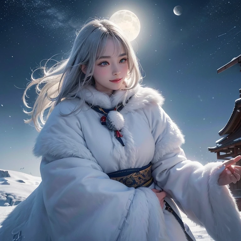 Snow Mountain、 ((Highest quality、masterpiece、8K、Best image quality、Ultra-high resolution、Award-winning works)、(Accurate anatomy:1.1)、(Look at me and smile:1.1)、Shining fair skin with Ultra-high resolution、The most detailed face、Ultra-high resolution detailed face、White short hair blowing 、(Ultra-high resolutionの煌めく瞳:1.1)、Beautiful face drawn in every detail、A moonlit night with heavy snow、Warm Inuit clothing, tattoo, There'A real wolf next to me:1.5