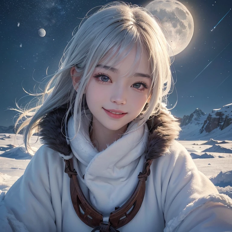 Snow Mountain、 ((Highest quality、masterpiece、8K、Best image quality、Ultra-high resolution、Award-winning works)、(Accurate anatomy:1.1)、(Look at me and smile:1.1)、Shining fair skin with Ultra-high resolution、The most detailed face、Ultra-high resolution detailed face、White short hair blowing 、(Ultra-high resolutionの煌めく瞳:1.1)、Beautiful face drawn in every detail、A moonlit night with heavy snow、Warm Inuit clothing, tattoo, There's a real wolf next to me:1.5