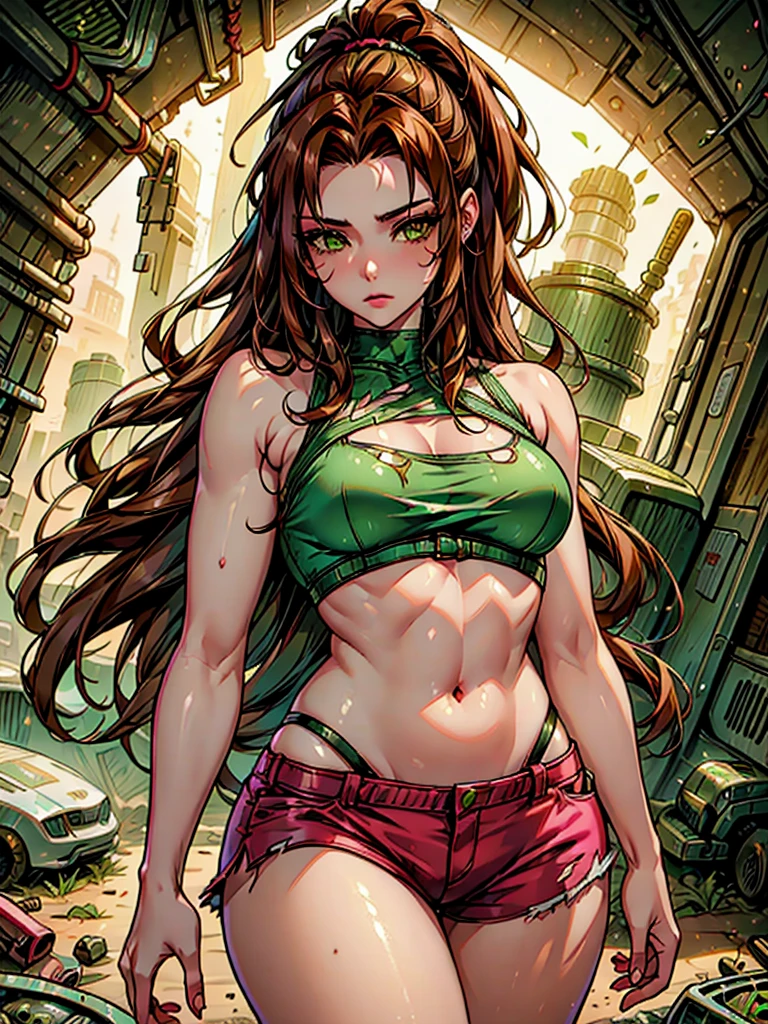 (best quality:1.4),masterpiece,ultra-detailed,delicate features,delicate skin,realism,beautiful lighting,cowboy shot,1girl,brown hair, pony tail,green eyes ,tareme, big , long hair,tanned skin, pink torn top, torn shorts, wasteland, laura croft, sultry look, seductive,
