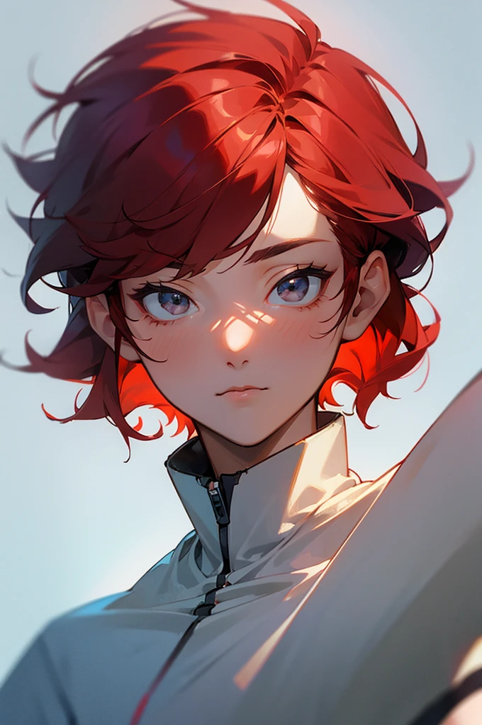 Delicate features, soft boy, gray eyes, red hair, cute, facing front