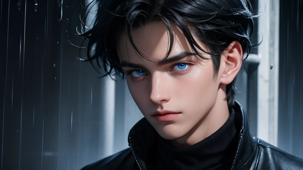 Boy being rained, black hair, blue eyes