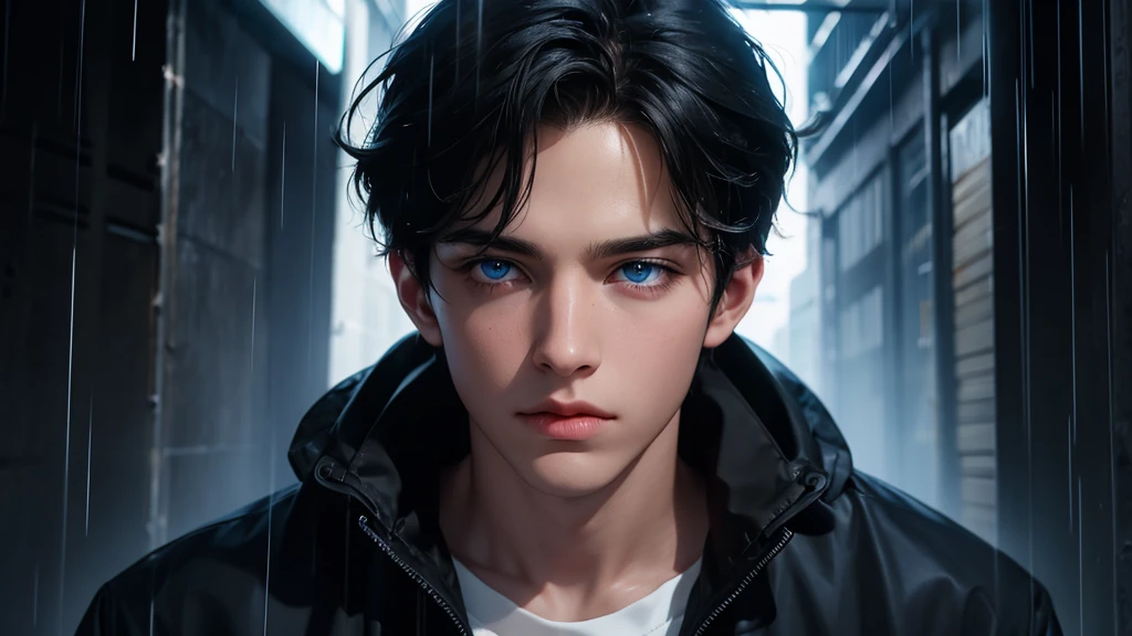Boy being rained, black hair, blue eyes