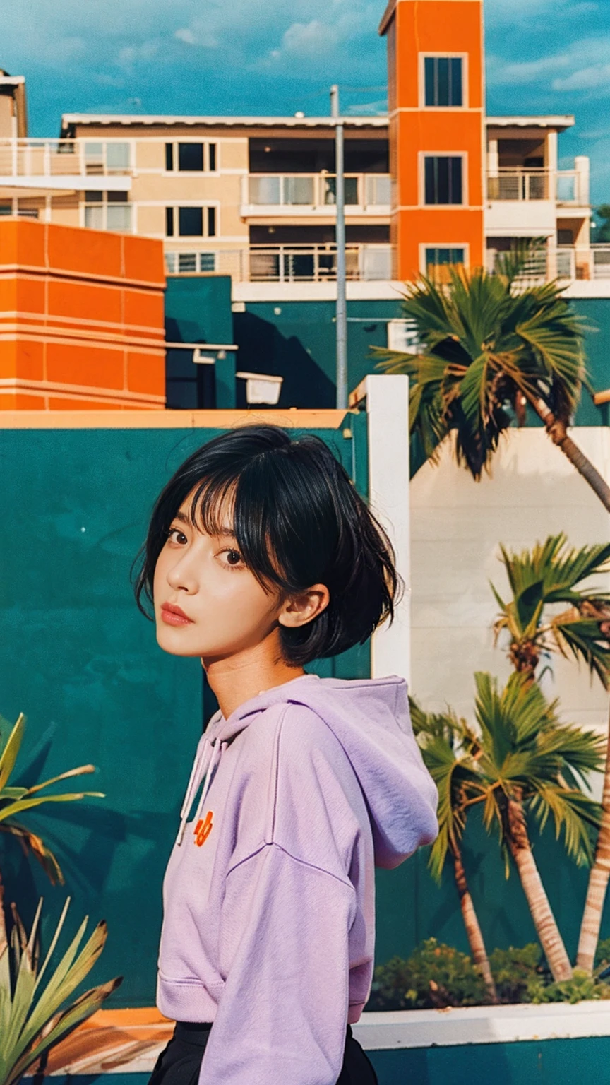 long shot portrait of cute 23 yo girl ,(perfect natural breast),wear ((orange color oversized hoodie)), wear ((purple tennis skirt)),looking viewer,Best Quality,Masterpiece,Ultra High Resolution,(Realisticity:1.4),Original Photo, 1Girl, light leak,ultra high resolution,UHD,beautiful, (black bob hair), almond eye, no makeup, in front of ((80's mondrian architecture motel)), (realistic:1.2), (surreal:1.3), (very detailed:1.1), ((masterpiece)),summer, blue sky, palm trees,sunny, los angles vibes,film camera, 800mm lens,style of Philip Lorca diCorcia,beautiful face, (realistic face), (black hair, short hair:1.3)