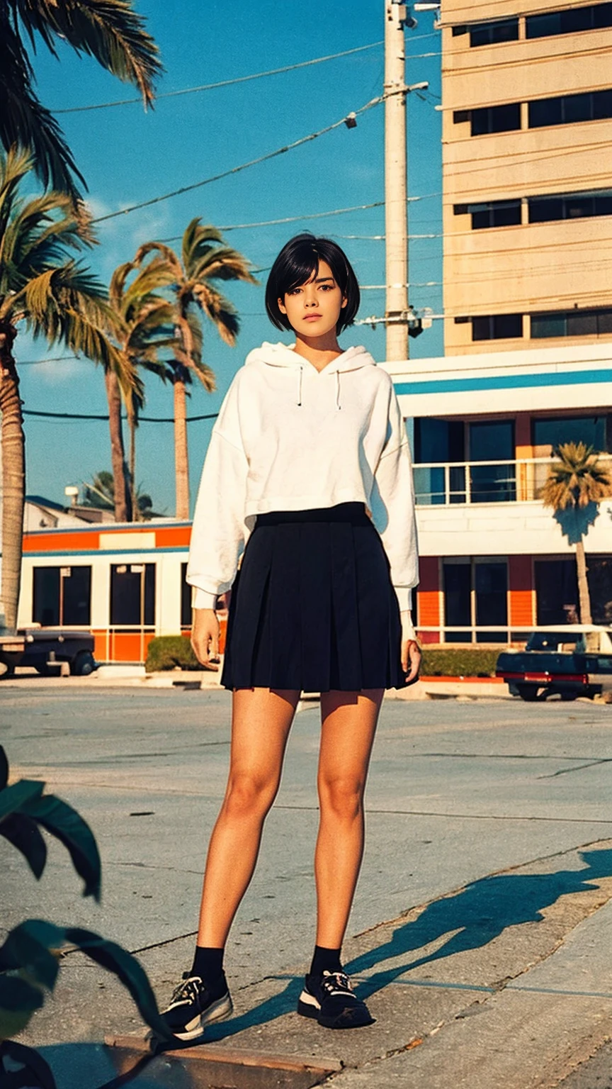 long shot portrait of cute 23 yo girl ,(perfect natural breast),wear ((orange color oversized hoodie)), wear ((purple tennis skirt)),looking viewer,Best Quality,Masterpiece,Ultra High Resolution,(Realisticity:1.4),Original Photo, 1Girl, light leak,ultra high resolution,UHD,beautiful, (black bob hair), almond eye, no makeup, in front of ((80's mondrian architecture motel)), (realistic:1.2), (surreal:1.3), (very detailed:1.1), ((masterpiece)),summer, blue sky, palm trees,sunny, los angles vibes,film camera, 800mm lens,style of Philip Lorca diCorcia,beautiful face, (realistic face), (black hair, short hair:1.3)