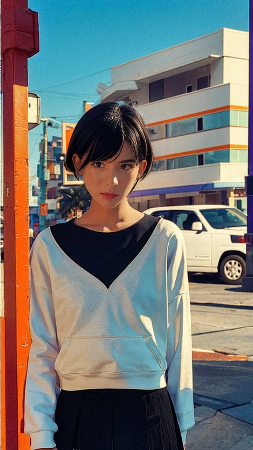 long shot portrait of cute 23 yo girl ,(perfect natural breast),wear ((orange color oversized hoodie)), wear ((purple tennis skirt)),looking viewer,Best Quality,Masterpiece,Ultra High Resolution,(Realisticity:1.4),Original Photo, 1Girl, light leak,ultra high resolution,UHD,beautiful, (black bob hair), almond eye, no makeup, in front of ((80's mondrian architecture motel)), (realistic:1.2), (surreal:1.3), (very detailed:1.1), ((masterpiece)),summer, blue sky, palm trees,sunny, los angles vibes,film camera, 800mm lens,style of Philip Lorca diCorcia,beautiful face, (realistic face), (black hair, short hair:1.3)