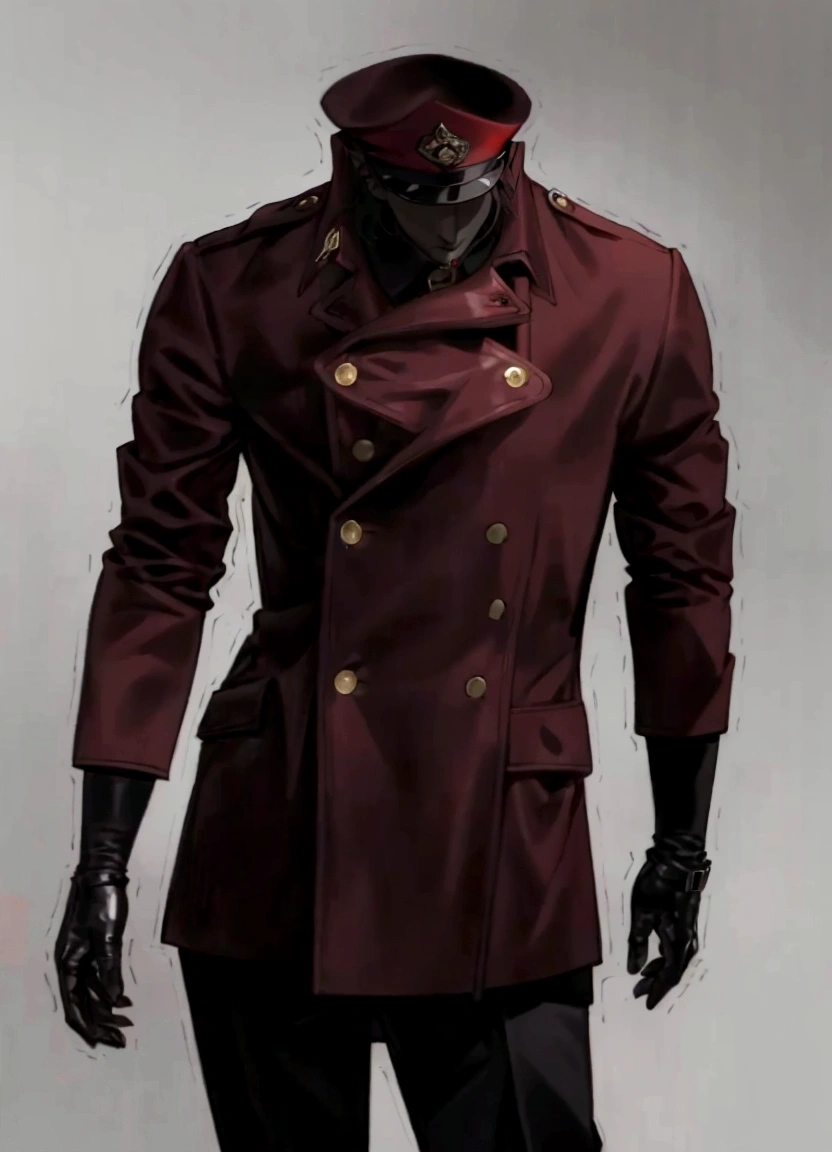 A man wearing a maroon coat and black gloves is standing, Detective coat, stylish Coat for rave, He's a hitman in a trench coat, In the style of Colonel Price, Trench coat, Cool red jacket, Maroon accents, Dark coat, Coat for rave, Men's fashion, Steampunk clothing, Masculine appeal of high fashion, Luxurious ornate dark red clothing, Detailed style