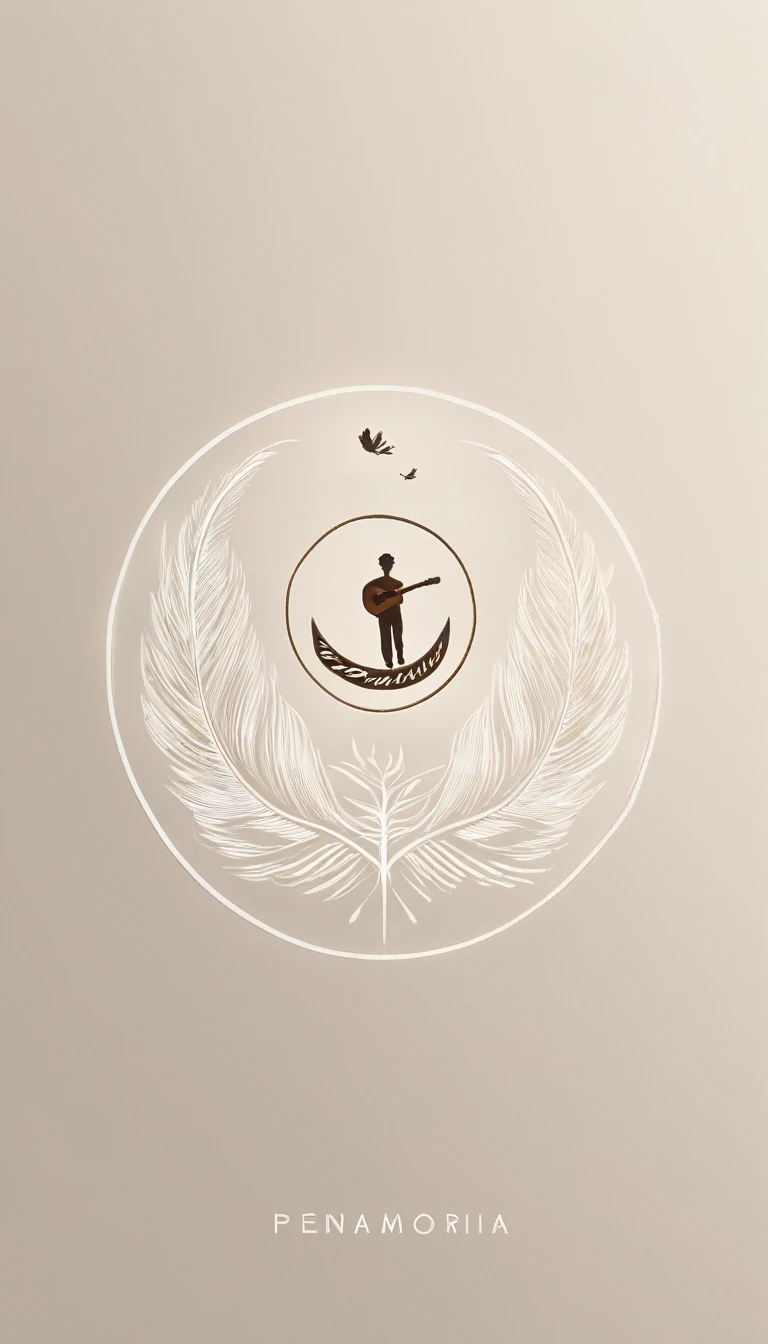 A minimal, modern, simple, cinematic logotype for the brand “Penamemoria". The logotype must be a simple, magical feather and a boy playing acoustic guitar. The logo must convey a sense of music, stories and dreams. Logo design impressed on a book cover. Minimalistic logo