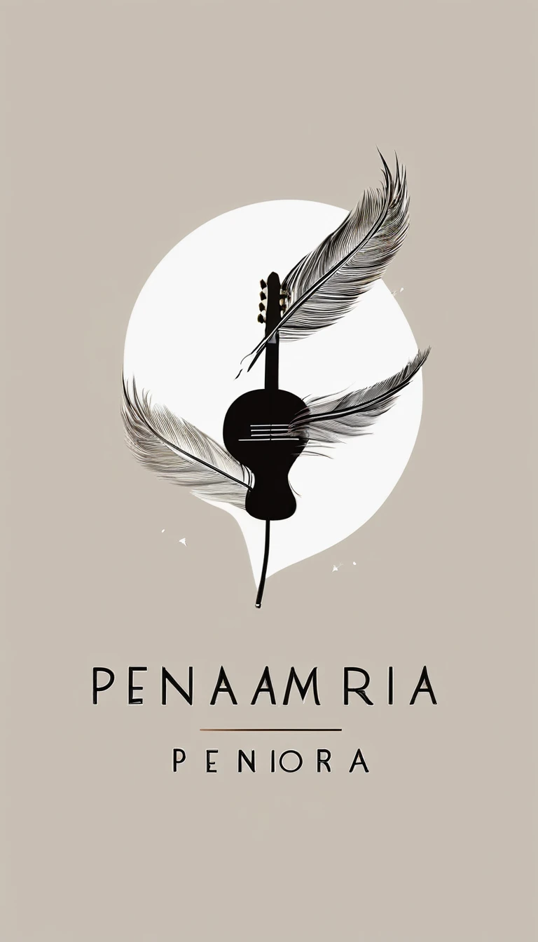 A minimal, modern, simple, cinematic logotype for the brand “Penamemoria". The logotype must be a simple, magical feather and a boy playing acoustic guitar. The logo must convey a sense of music, stories and dreams. Logo design impressed on a book cover. Minimalistic logo