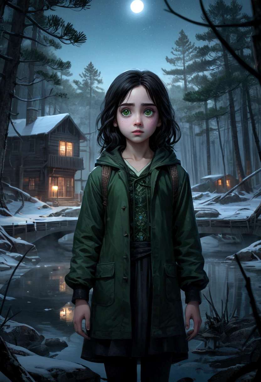 young 9-year-old daughter of severus snape,((highest quality)),(ultra high resolution),(Super detailed),(detailed description),((best CG)),(best work of art) ,black hair, green eyes, bone motif,japanese style,japanese horror,pile of bones,woman standing,glowing eyes,odd,underexposure, ((extremely delicate and beautiful girl)), 1girl,sexy, intricate eyes,beautiful detailed eyes,symmetrical eyes,big eyes:1.5, (cute,slutty,sensual,seductive look,seductive,((erotic)),opulent,((nsfw))), (centered,scale to fit dimensions,Rule of thirds), ((snowy pine forest at night, dark forest, swamp, murky water, foggy, creepy aura, eerie atmosphere)),with dark stormy clouds,winter,scenery:1.25,((snow forest background)),Christmas tree, highres,sharp focus,(ultra detailed,extremely detailed),(photorealistic artwork:1.37),(extremely detailed CG unity 8k wallpaper),(((vibrant colors,vibrant theme))),(intricate),(masterpiece),(best quality),