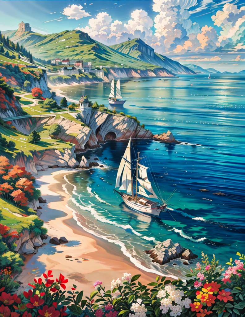 painting of a yacht boat on ocean, beautiful scenery, wave, mid day sky,((glistening look)),ghibi style, hd, High quality, water reflection, bushes,4k hd, cloud,beautiful art uhd 4 k, a beautiful artwork illustration, beautiful digital painting, highly detailed digital painting, beautiful digital artwork, detailed painting 4 k, very detailed digital painting, rich picturesque colors, gorgeous digital painting