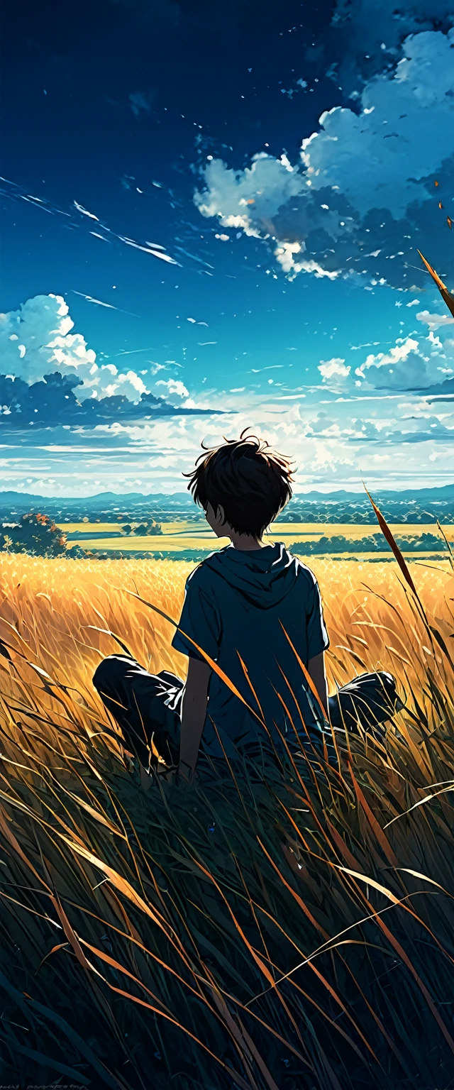 a boy sitting in an autumn meadow, seeing a vast blue sky with dark blue clouds, tall grasses, cloudy sky, makoto shinkai cyril rolando, anime art wallpaper 4k, anime art wallpaper 4k, animated background, anime art wallpaper 8K, animated background art, Anime Landscape Wallpaper, amazing wallpaper, HD wallpaper, 4k anime wallpaper, 4k anime wallpaper, Aries Moross art,art by Bob Byerley , AshleyWoodArtAI, greg rutkowski