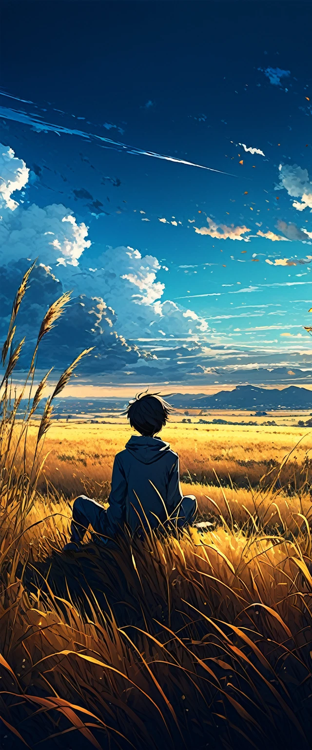a boy sitting in an autumn meadow, seeing a vast blue sky with dark blue clouds, tall grasses, cloudy sky, makoto shinkai cyril rolando, anime art wallpaper 4k, anime art wallpaper 4k, animated background, anime art wallpaper 8K, animated background art, Anime Landscape Wallpaper, amazing wallpaper, HD wallpaper, 4k anime wallpaper, 4k anime wallpaper, Aries Moross art,art by Bob Byerley , AshleyWoodArtAI, greg rutkowski
