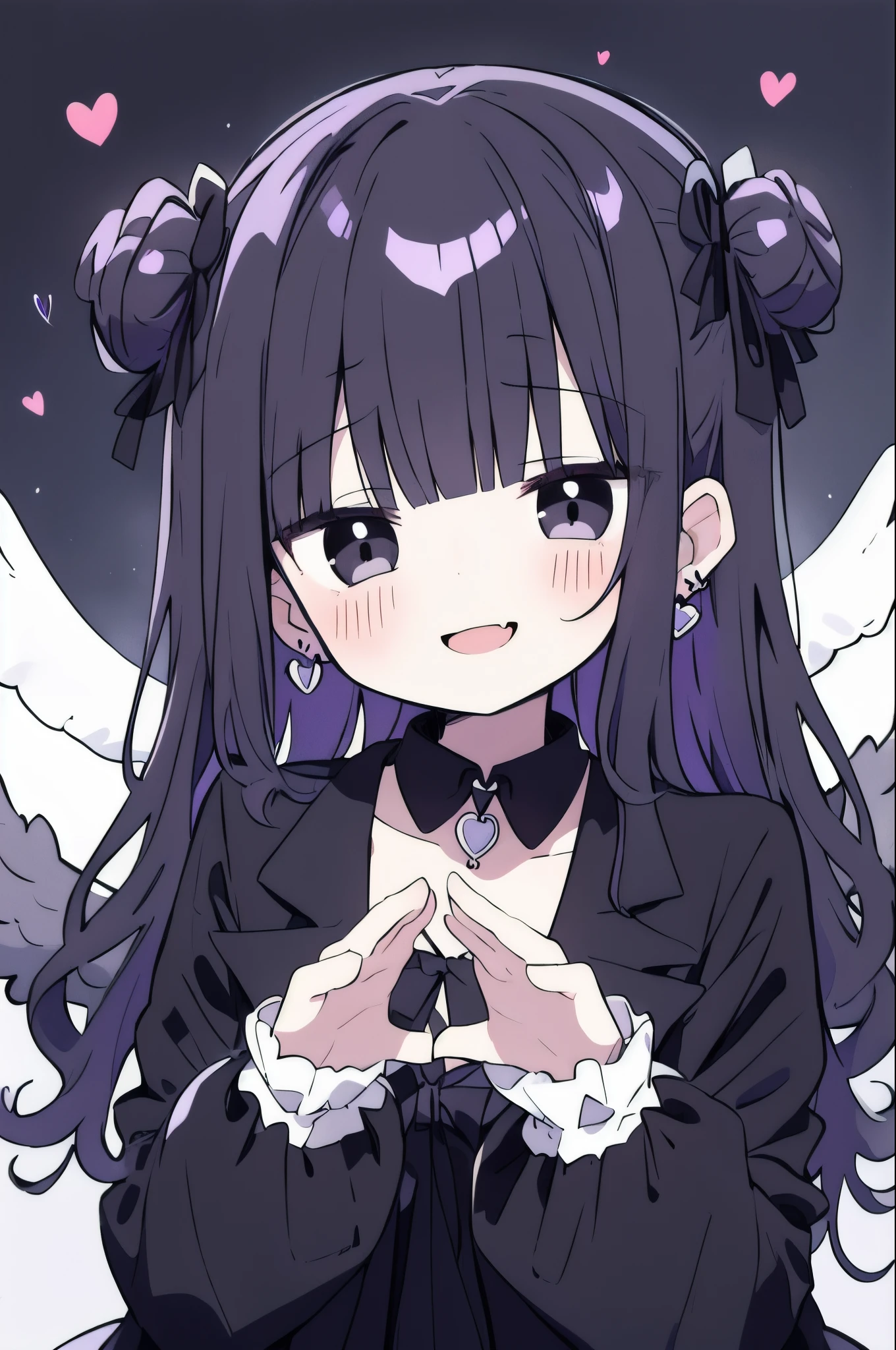 (masterpiece, best quality), 1girl, cute face, Black extra long curly hair，Black eyes，Black trench coat，High open neckline，Smile，purple earrings，（（White angel wings））