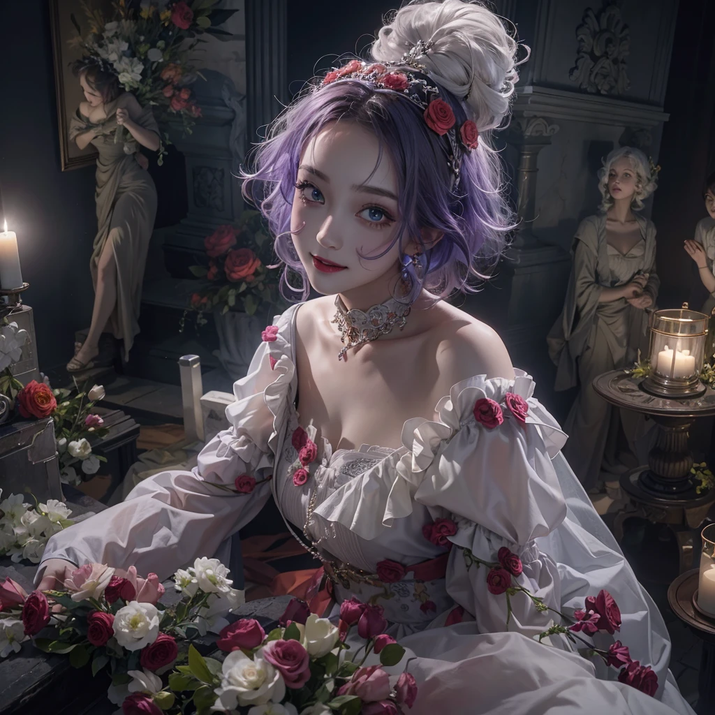 Standing in the grave、Hair flow、 ((Highest quality、masterpiece、8K、Best image quality、Ultra-high resolution、Award-winning works)、(Accurate anatomy:1.1)、(Look at me and smile:1.1)、Shining fair skin with Ultra-high resolution、The most detailed face、Ultra-high resolution detailed face、Ultra-high resolutionの髪の毛、(Ultra-high resolution eye:1.1)、Beautiful face drawn in every detail、Cheerful clown costume, Chest to chest, Strange atmosphere, Ghosts flow, Dark Light, At the Cemetery, Heavy makeup