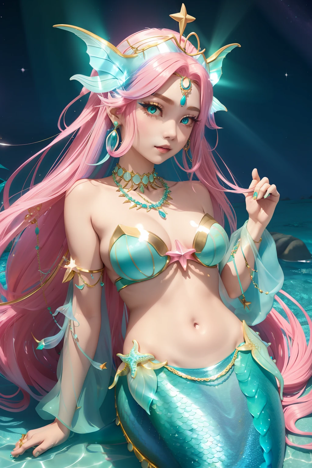 mermaid。Pink Hair。Green tail fin。She wears a Light blue tube top。She wears a headpiece made of light blue jewels and gold chains.。