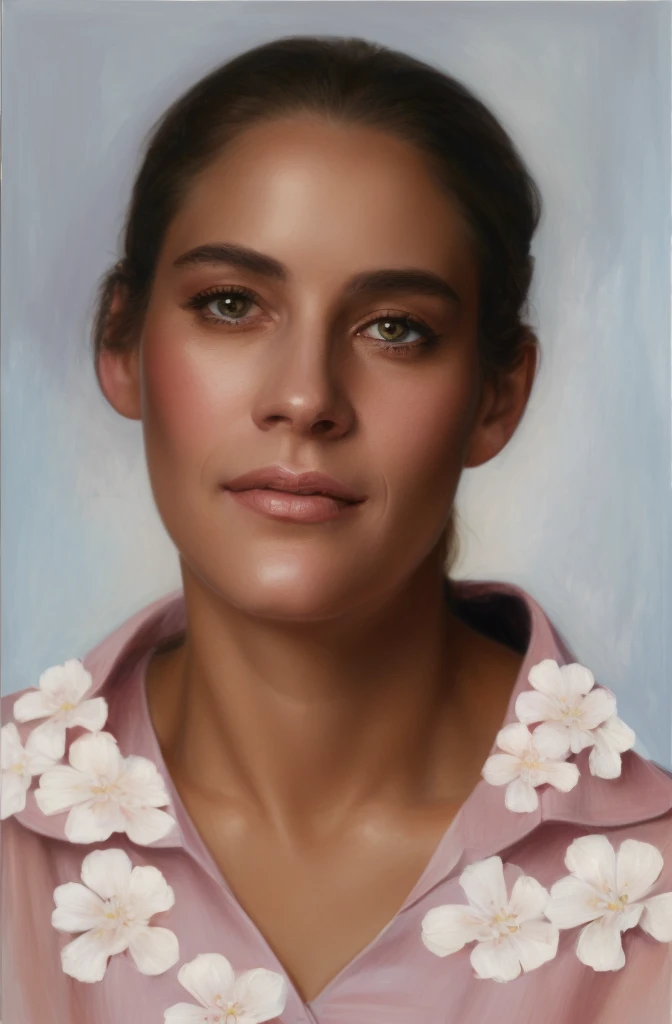 painting of a woman with a pink shirt and white flowers on the shirt, detailed colorized portrait, colorized portrait, detailed portrayal, realistic restored face, digitally painted, painted portrait, true-to-life portrayal, highly detailed portrayal, Highly detailed portrait photography, realistic female portrait, still detailed portrait, inspired by Lois Mailou Jones, matte painting digital, photo true-to-life portrayal, extremely detailed oil portrait