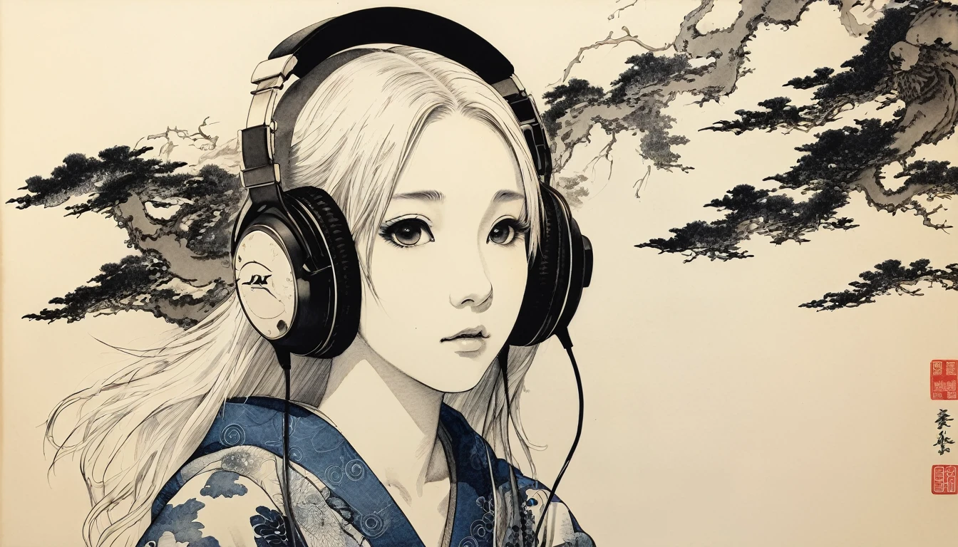 (((Highest quality))), (((Katsushika Hokusai))), (((Ink Painting))), ((very straight longhair)), ((1 girl)), ((Half of the face is android)), Japanese style headphones