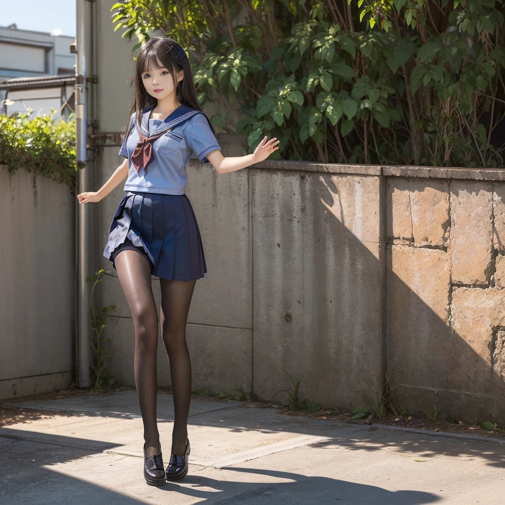 (((young Japanese girl jumping  wearing high school uniform))),(full body shot:2),  natural lighting, ultra sharp focus,huge breasts, ((beautiful face)), wearing pantyhose, wearing short sleeve, photo-realistic 