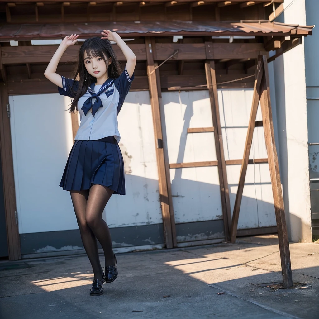 (((young Japanese girl jumping wearing high school uniform))),(full body shot:2), natural lighting, ultra sharp focus,huge breasts, ((beautiful face)), wearing pantyhose, wearing short sleeve, photo-realistic