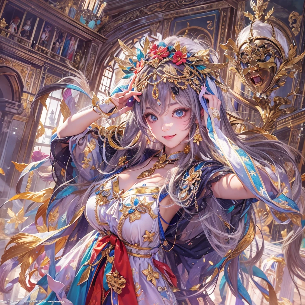 Hiding in the castle、Hair flow、 ((Highest quality、masterpiece、8K、Best image quality、Ultra-high resolution、Award-winning works)、(Accurate anatomy:1.1)、(Look at me and smile:1.1)、Shining fair skin with Ultra-high resolution、The most detailed face、Ultra-high resolution detailed face、Ultra-high resolutionの髪の毛、(Ultra-high resolutionの煌めく瞳:1.1)、Beautiful face drawn in every detail、Colorful costumes, Chest to chest, Masquerade、Dancing in a Venetian mask