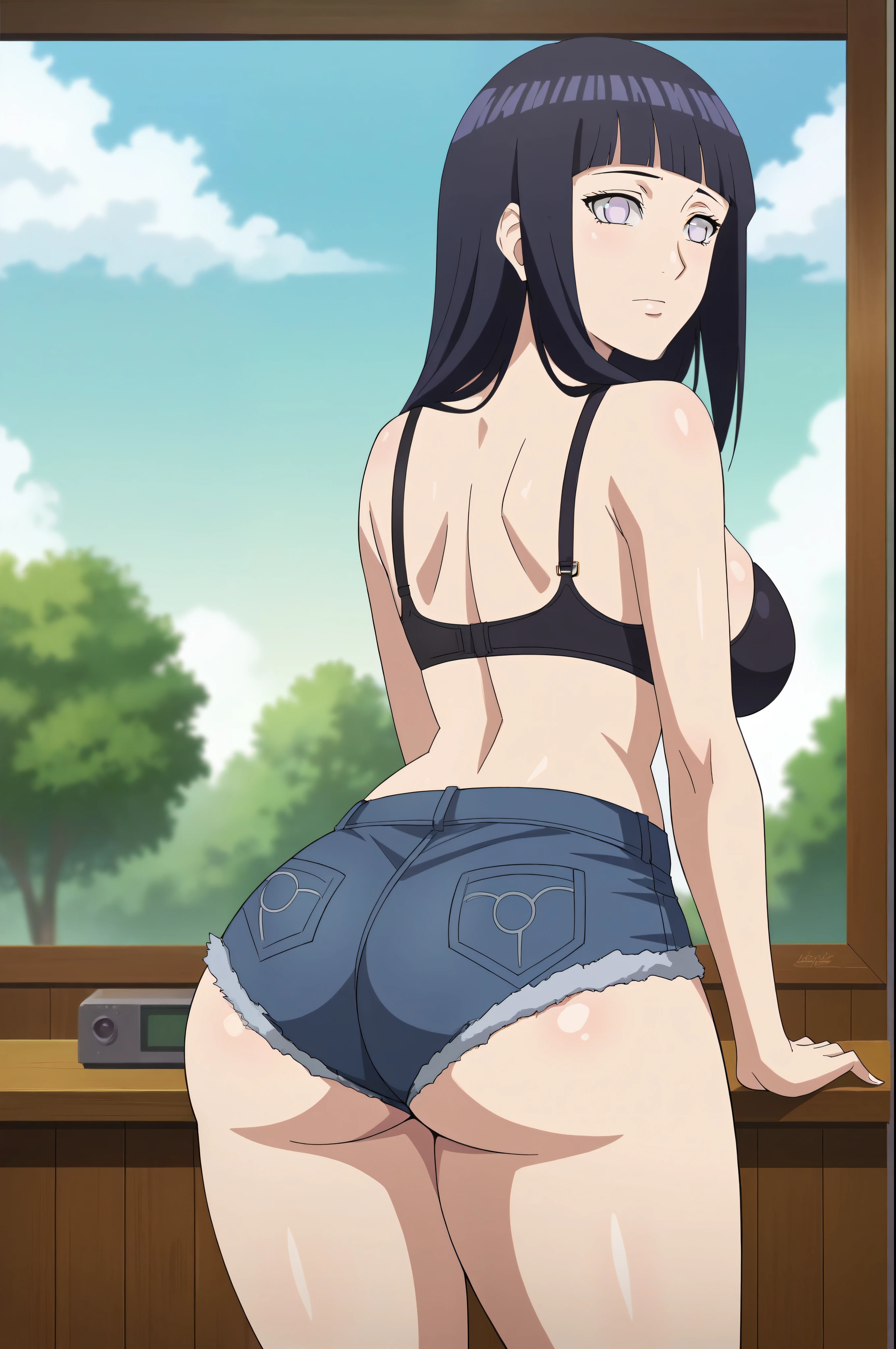 score_9, 1girl,solo, large breasts, (hinata, hyuuga hinata, purple eyes, blunt bangs, black hair) big breasts, perfect breasts, large breasts, round breasts, sexy body, slim waist, nice hips, skinny, nice thighs, short shorts, tiny shorts, micro shorts, black jean shorts, rear pov, back view, wearing short shorts, jean shorts, black bra, big ass, nice ass, 