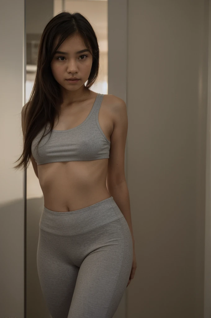 ((Best Quality, 8K, Masterpiece:)), Focus, realistic, A stunning high-resolution, vibrant photograph of 16 year old young indonesian girl wear calvin klein tanktop and short leggings, sexy aura, erotic mood, at inside elevator,realistic photo, full body shot,The background is slightly blurred to keep the focus on her, creating a beautiful bokeh effect, soft sunlight filtering through,