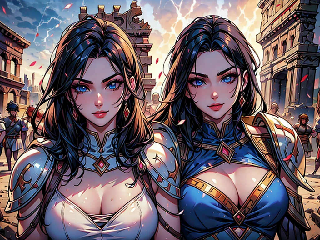 (masterpiece), (top-quality), sunset, natural lights, ,(realistic:1.5), Megan Fox as a Stunningly beautiful roman centurion, curvaceous, medieval fantasy, long hair, black_hair, wearing an ancient rome centurion uniform, legionary armour, ancient rome, cleavage, sexy, sensual, dark blue eyes, smiling, sexy pose, athletic, looking at viewer, eye contact, stunningly beautiful 20 years old woman, sunny day, detailed ancient rome battlefield in background, background, foreground, legionary_crowd, fantasy, dynamic pose, action pose,alluring, seductive_pose, natural lights, cleavage, athletic body, medium breasts, upper body, mid shot, masterpiece, detailed, mature, bright colors, high saturation, stunningly beautiful girl, precise hands, seductive smile, happy, love, Clear eyes, Shining eyes,, ultra-definition, Top resolution, soft lightning, sultry look, seductive,