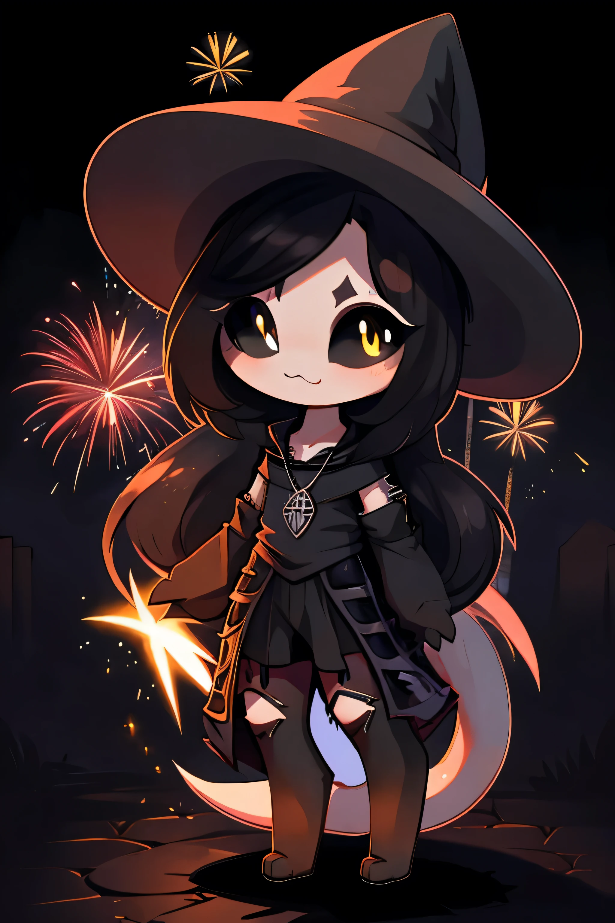 source_anime, male, flat chest, pointy ears, multiple eyes, emo, gothic, firework witch hat, black gothic clothing, black necklace, solo, light skin, horn, black sclera, yellow pupils, arachnoid, demon tail, (chibi:1.1), black hair, long hair, cute, happy